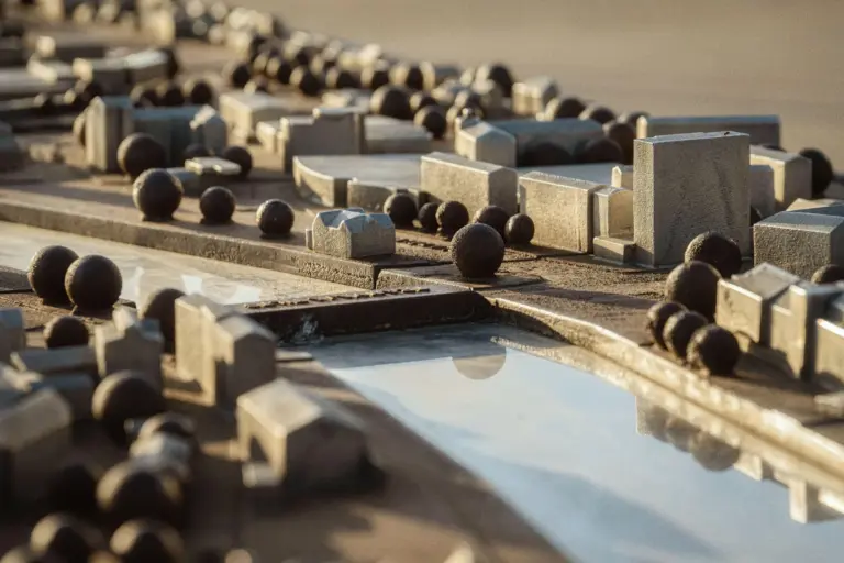 A detailed scale model of a city laid out on a table, with small stone-coloured blocks and rows of miniature trees along a river in low warm light.