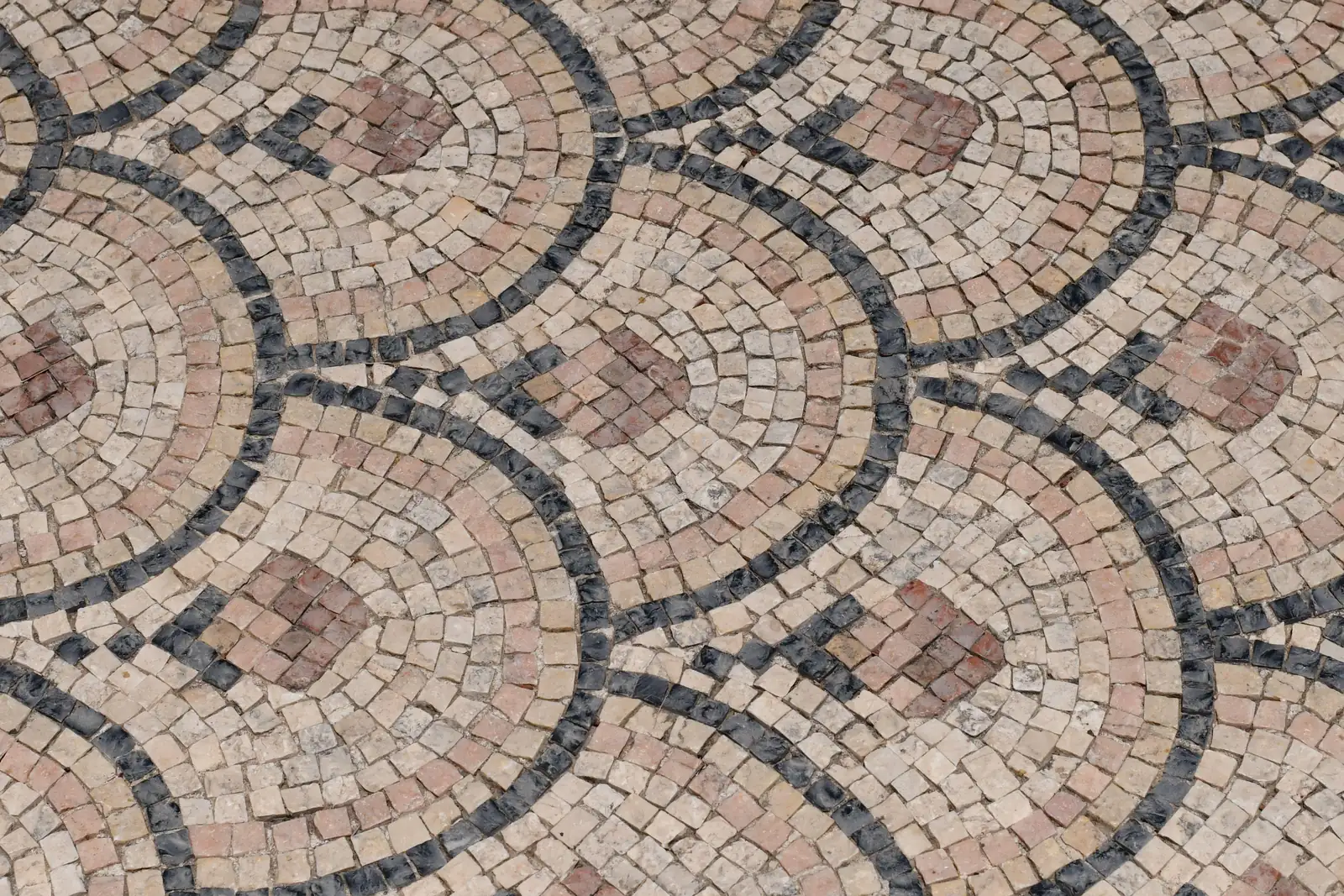 A close-up of a historical stone mosaic in which small cream, terracotta and charcoal tesserae form one overlapping fan pattern.