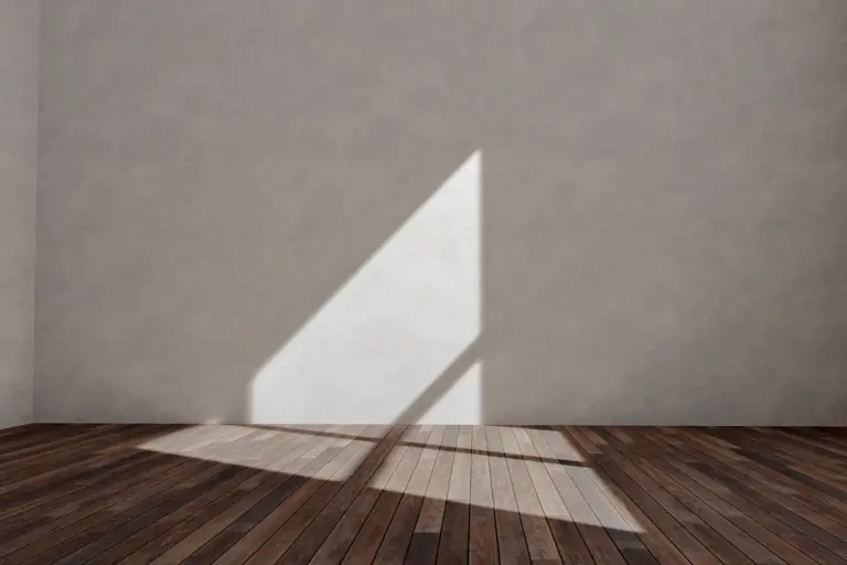 An empty sunlit room with bare walls and a wooden floor, where the shadow of a window frame falls across the boards.