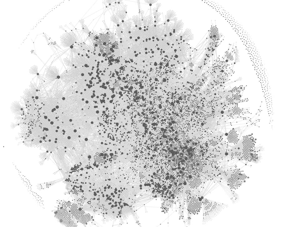 A network graph of several thousand notes: a dense core of dots with clusters and threads branching outward.