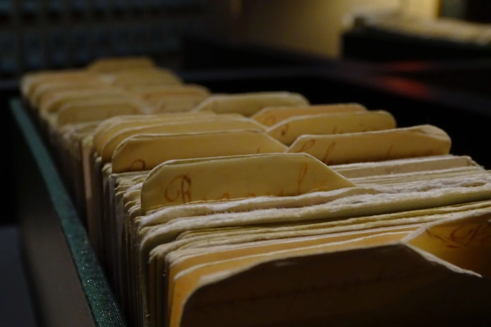 Rows of worn manila file folders stand upright and in order inside a dimly lit drawer.